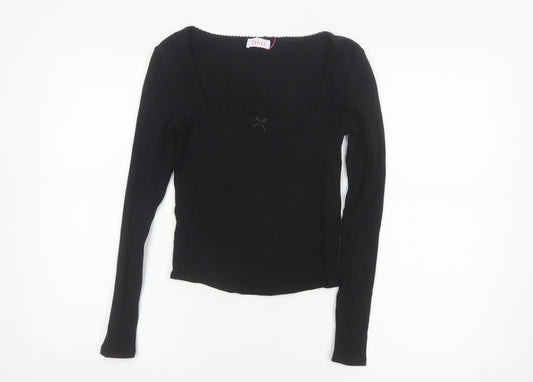 Savida Women Black XS Square Neck Bow Long Sleeve Cropped Stretch Top