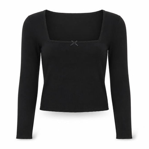 Savida Women Black XS Square Neck Bow Long Sleeve Cropped Stretch Top