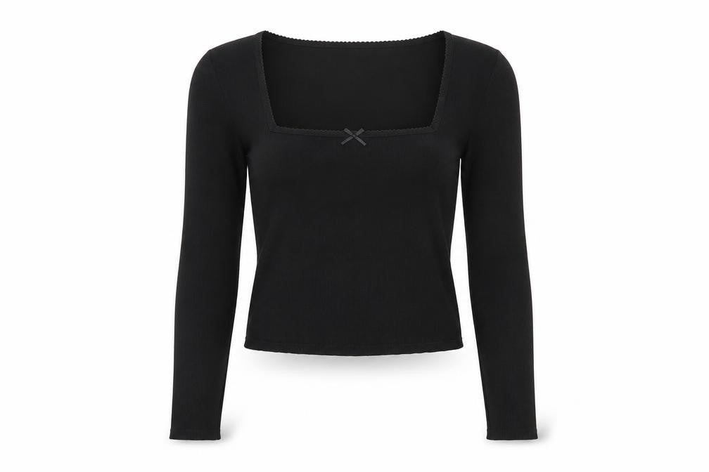 Savida Women Black XS Square Neck Bow Long Sleeve Cropped Stretch Top