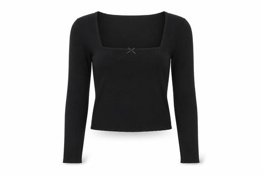 Front view of Savida Women Black XS Square Neck Bow Long Sleeve Cropped Stretch Top