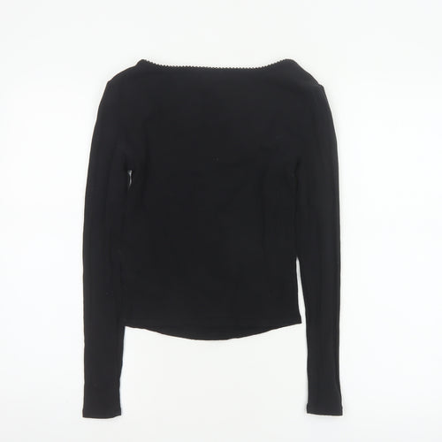 Savida Women Black XS Square Neck Bow Long Sleeve Cropped Stretch Top