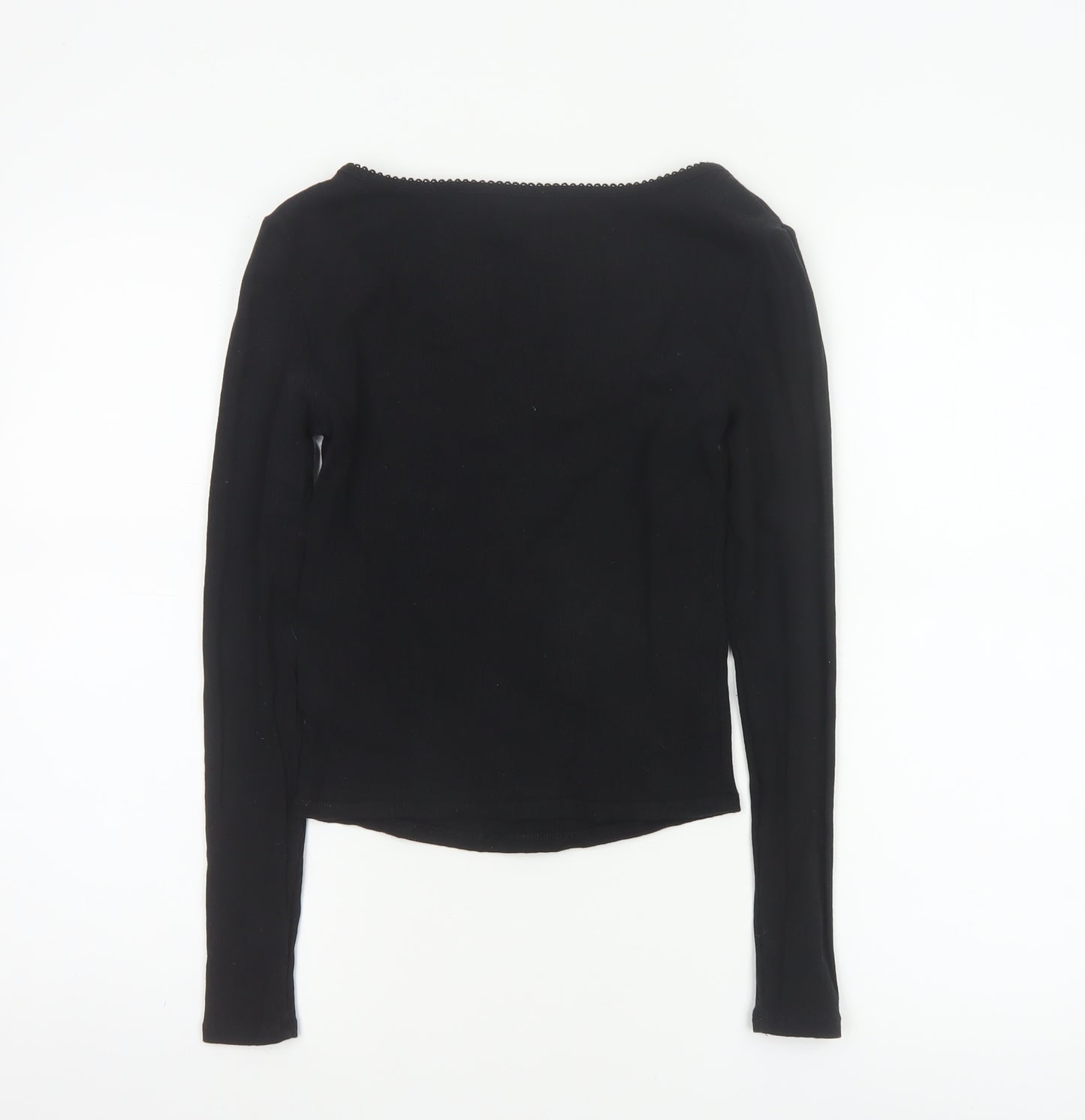 Savida Women Black XS Square Neck Bow Long Sleeve Cropped Stretch Top