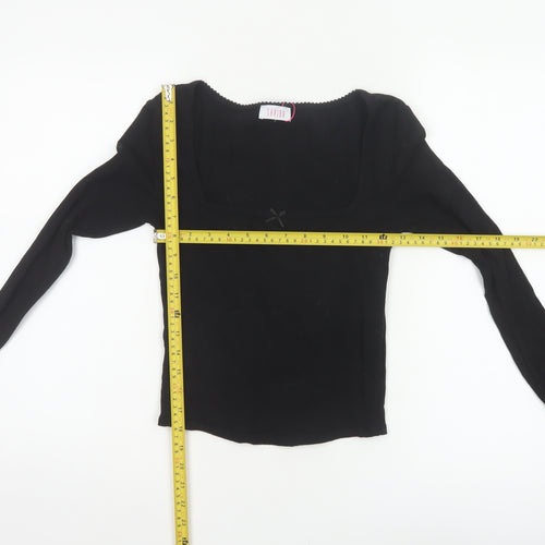 Savida Women Black XS Square Neck Bow Long Sleeve Cropped Stretch Top