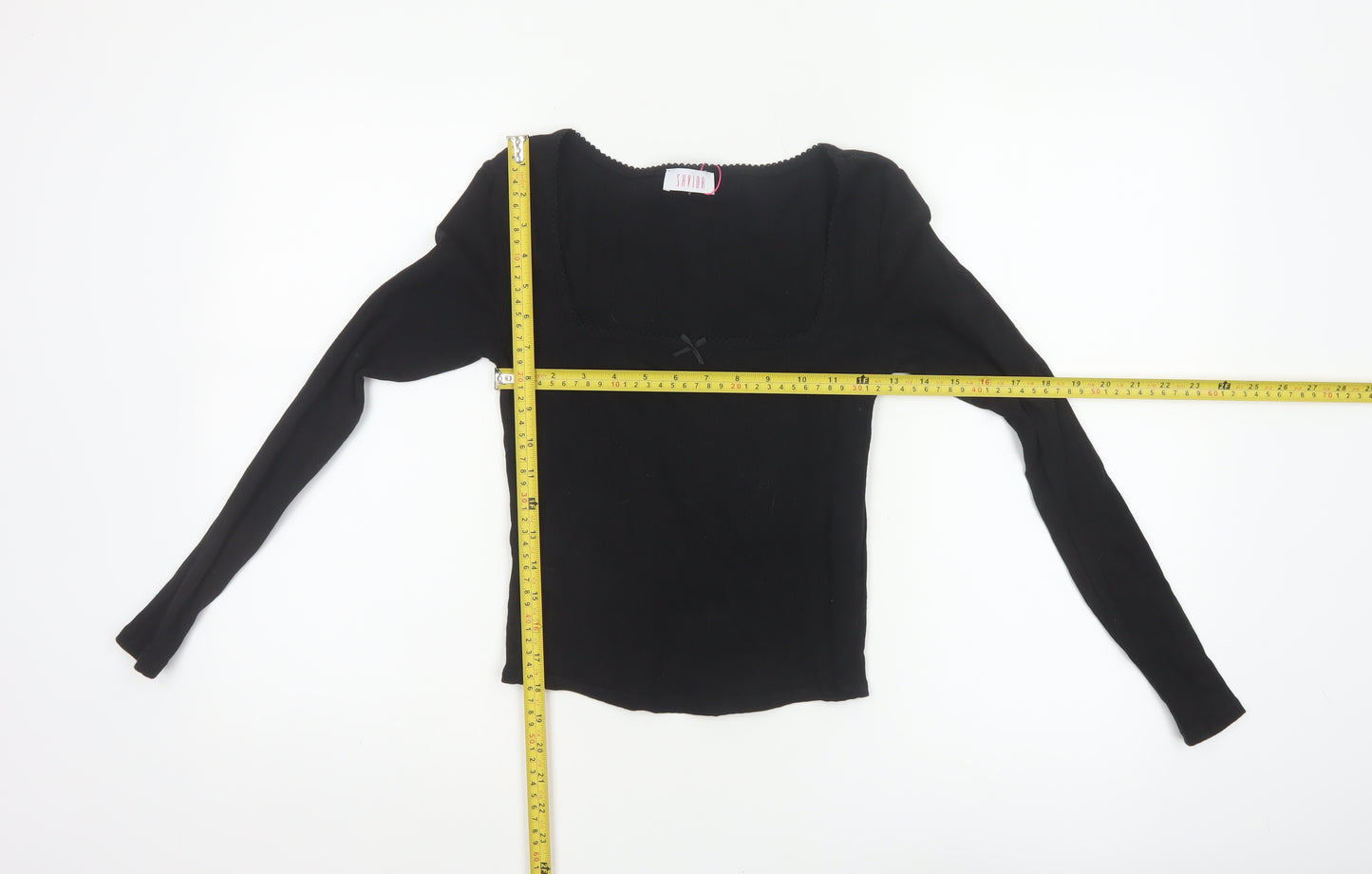 Savida Women Black XS Square Neck Bow Long Sleeve Cropped Stretch Top