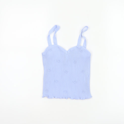 ASOS Design Women Blue UK 10 Rib Knit Bow Sweetheart Camisole Top