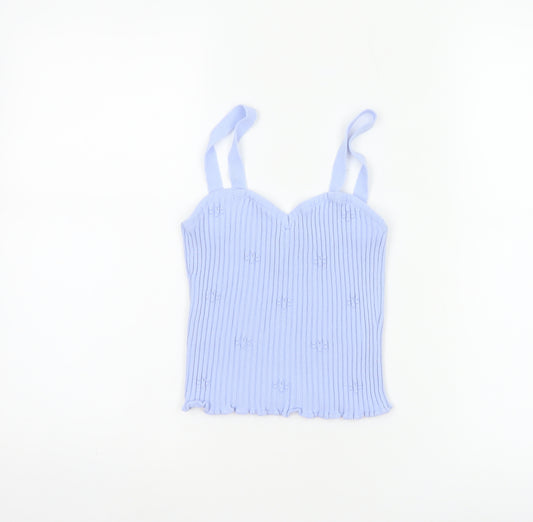 ASOS Design Women Blue UK 10 Rib Knit Bow Sweetheart Camisole Top
