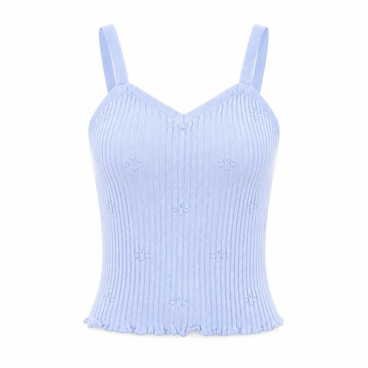 Front view of ASOS Design Women Blue UK 10 Rib Knit Bow Sweetheart Camisole Top