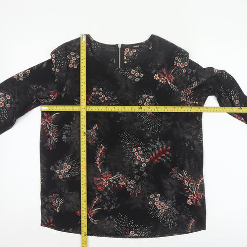 ONLY Women Black Floral UK 8 3/4 Sleeve Zip Back Blouse