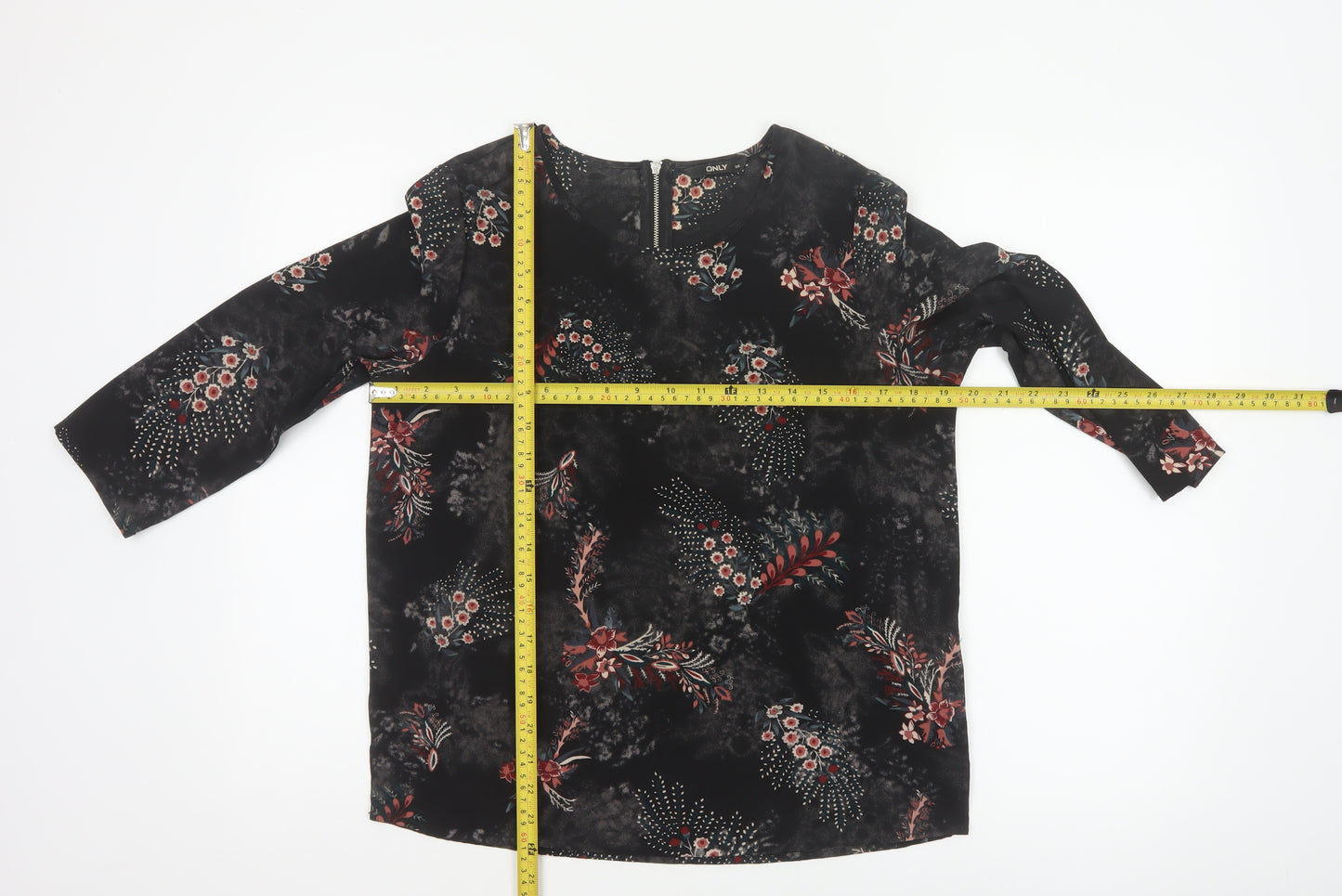 ONLY Women Black Floral UK 8 3/4 Sleeve Zip Back Blouse