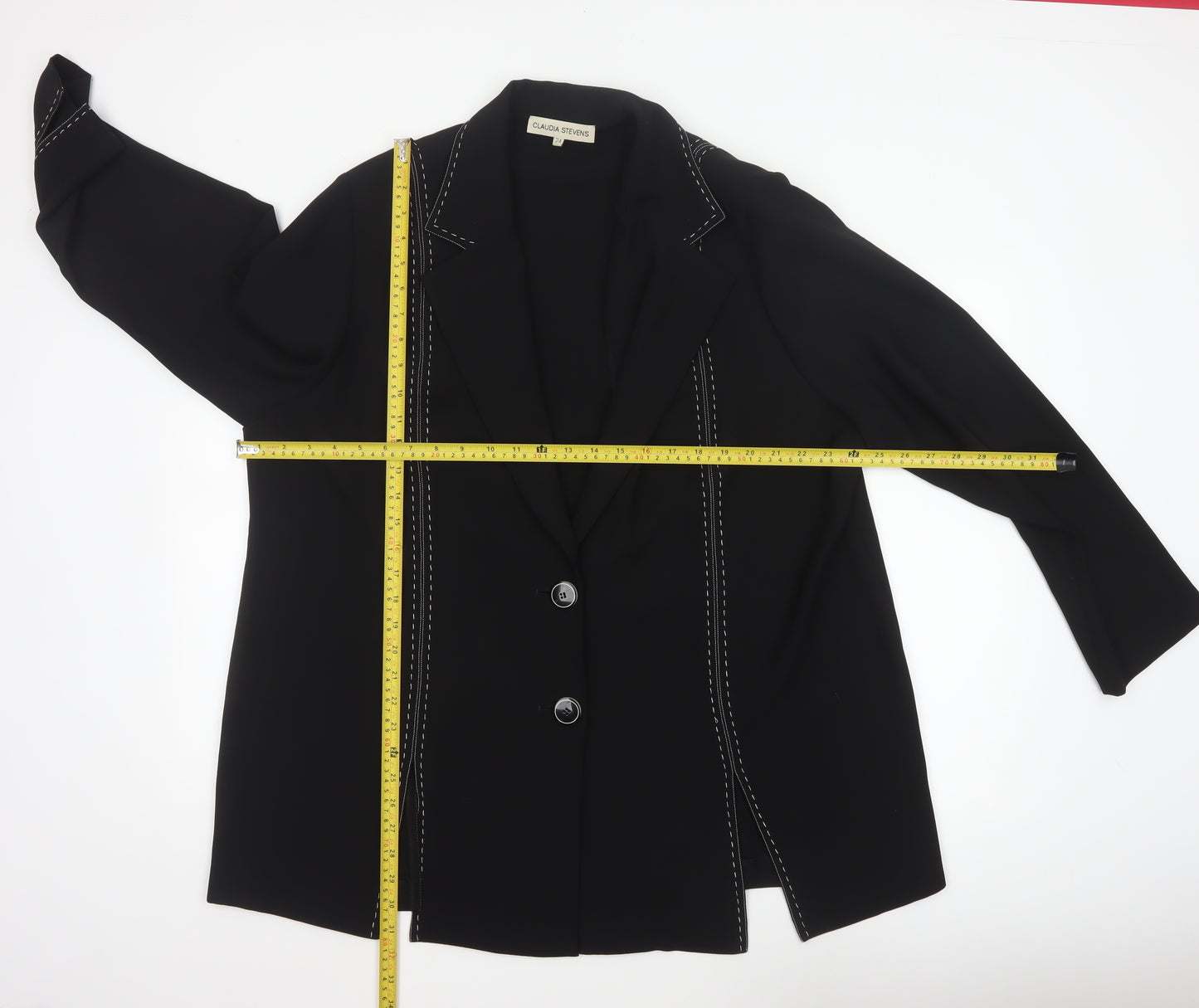 Claudia Stevens Women Black Size 24 Long Blazer White Stitch Tailored