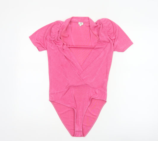 River Island Women Pink Size 10 Ruffle Puff Sleeve V-Neck Bodysuit