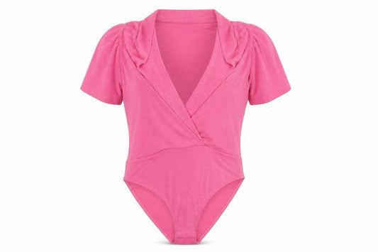 River Island Women Pink Size 10 Ruffle Puff Sleeve V-Neck Bodysuit