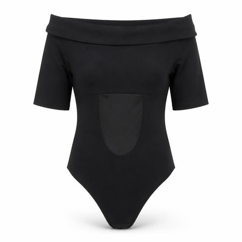 H&M Women Black Off Shoulder Short Sleeve Stretch Bodysuit UK 6