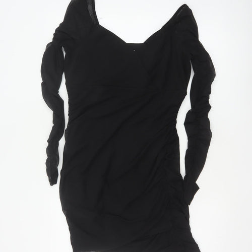 Hollister Women Black L Bodycon Knee Dress Ruched Sheer Long Sleeve