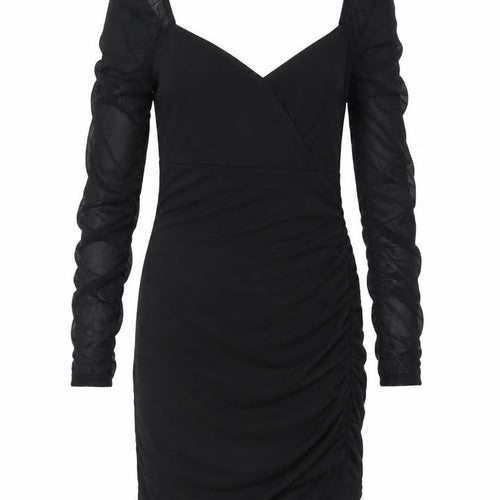 Hollister Women Black L Bodycon Knee Dress Ruched Sheer Long Sleeve