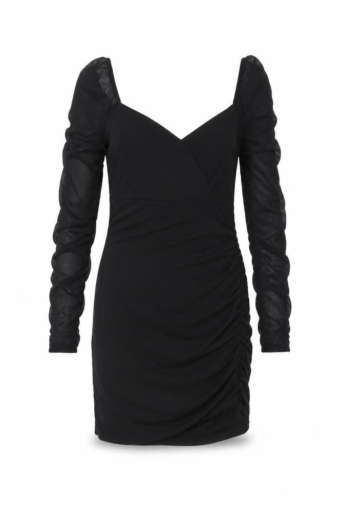 Hollister Women Black L Bodycon Knee Dress Ruched Sheer Long Sleeve