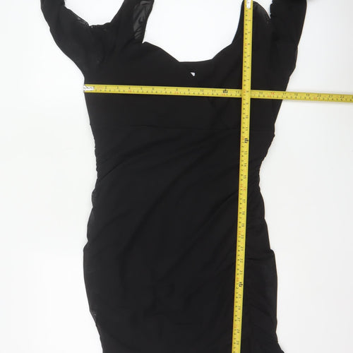 Hollister Women Black L Bodycon Knee Dress Ruched Sheer Long Sleeve