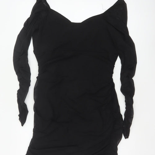 Hollister Women Black L Bodycon Knee Dress Ruched Sheer Long Sleeve