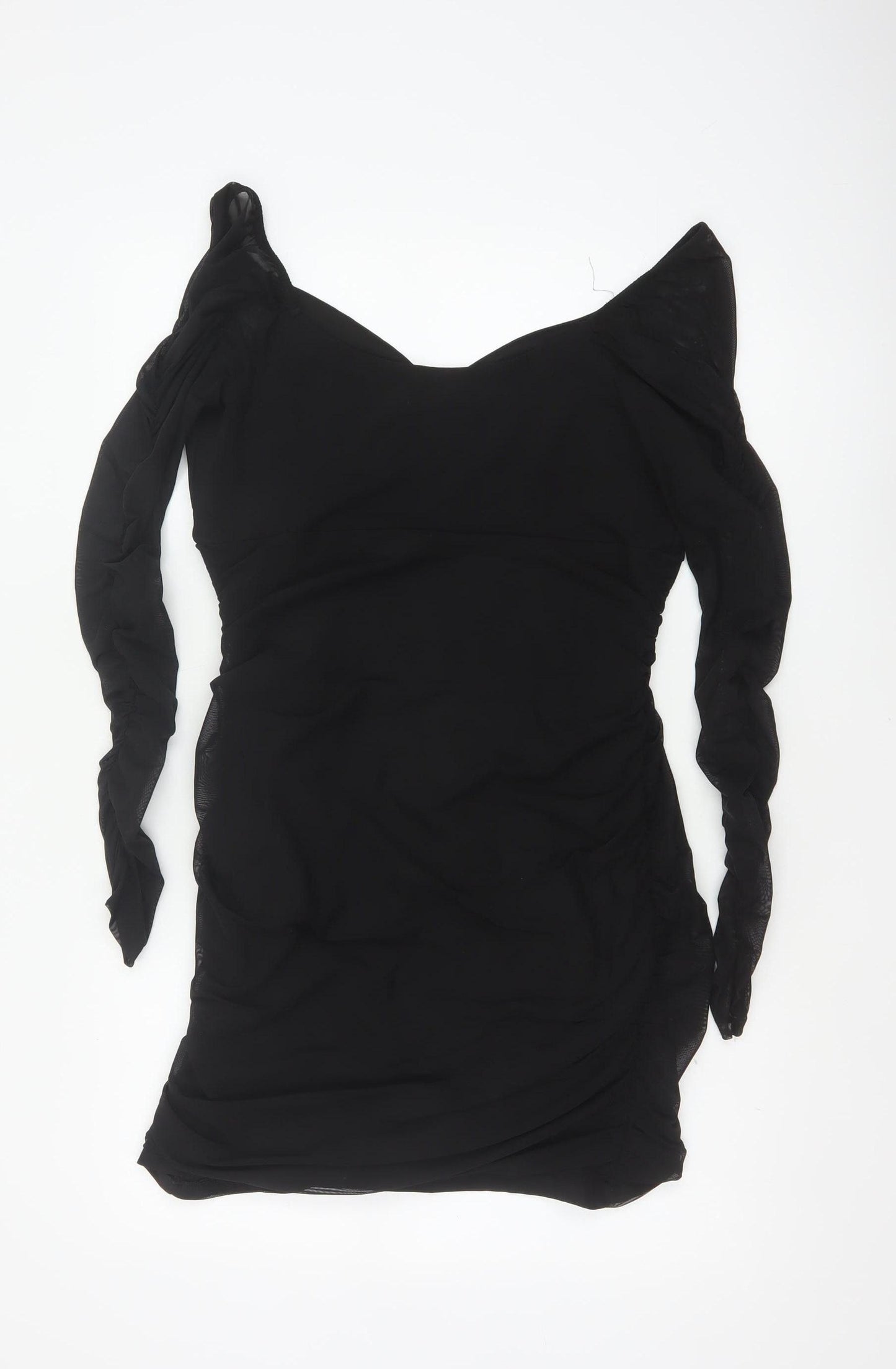 Hollister Women Black L Bodycon Knee Dress Ruched Sheer Long Sleeve