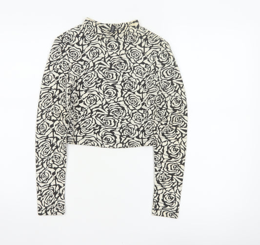 H&M Divided Women’s Black Ivory Rose Print XS Cropped High Neck Top