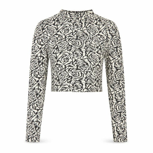 Front view of H&M Divided Women’s Black Ivory Rose Print XS Cropped High Neck Top