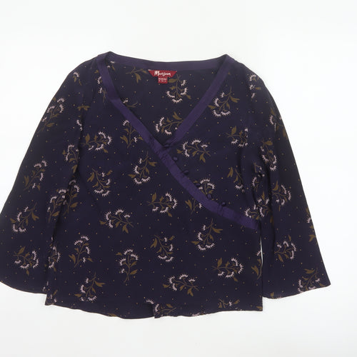 Monsoon Women Blue Floral Silk Wrap Blouse Size 16 Long Sleeve