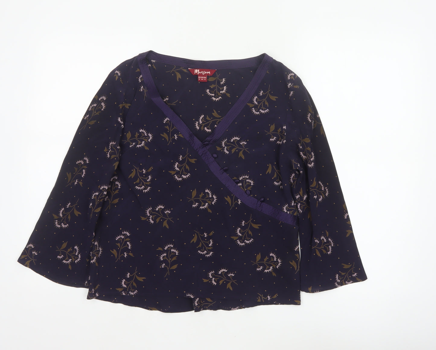 Monsoon Women Blue Floral Silk Wrap Blouse Size 16 Long Sleeve