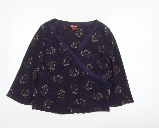Monsoon Women Blue Floral Silk Wrap Blouse Size 16 Long Sleeve
