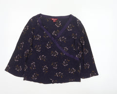Monsoon Women Blue Floral Silk Wrap Blouse Size 16 Long Sleeve