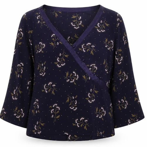 Monsoon Women Blue Floral Silk Wrap Blouse Size 16 Long Sleeve