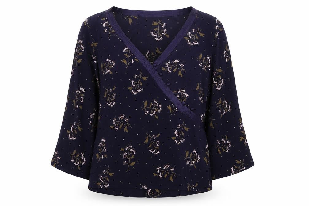Monsoon Women Blue Floral Silk Wrap Blouse Size 16 Long Sleeve