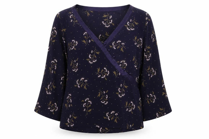 Monsoon Women Blue Floral Silk Wrap Blouse Size 16 Long Sleeve