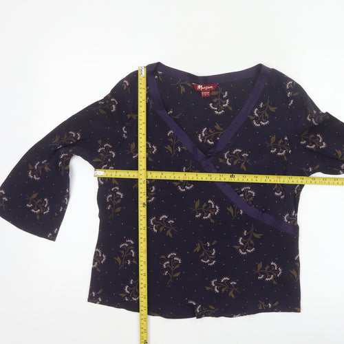 Monsoon Women Blue Floral Silk Wrap Blouse Size 16 Long Sleeve