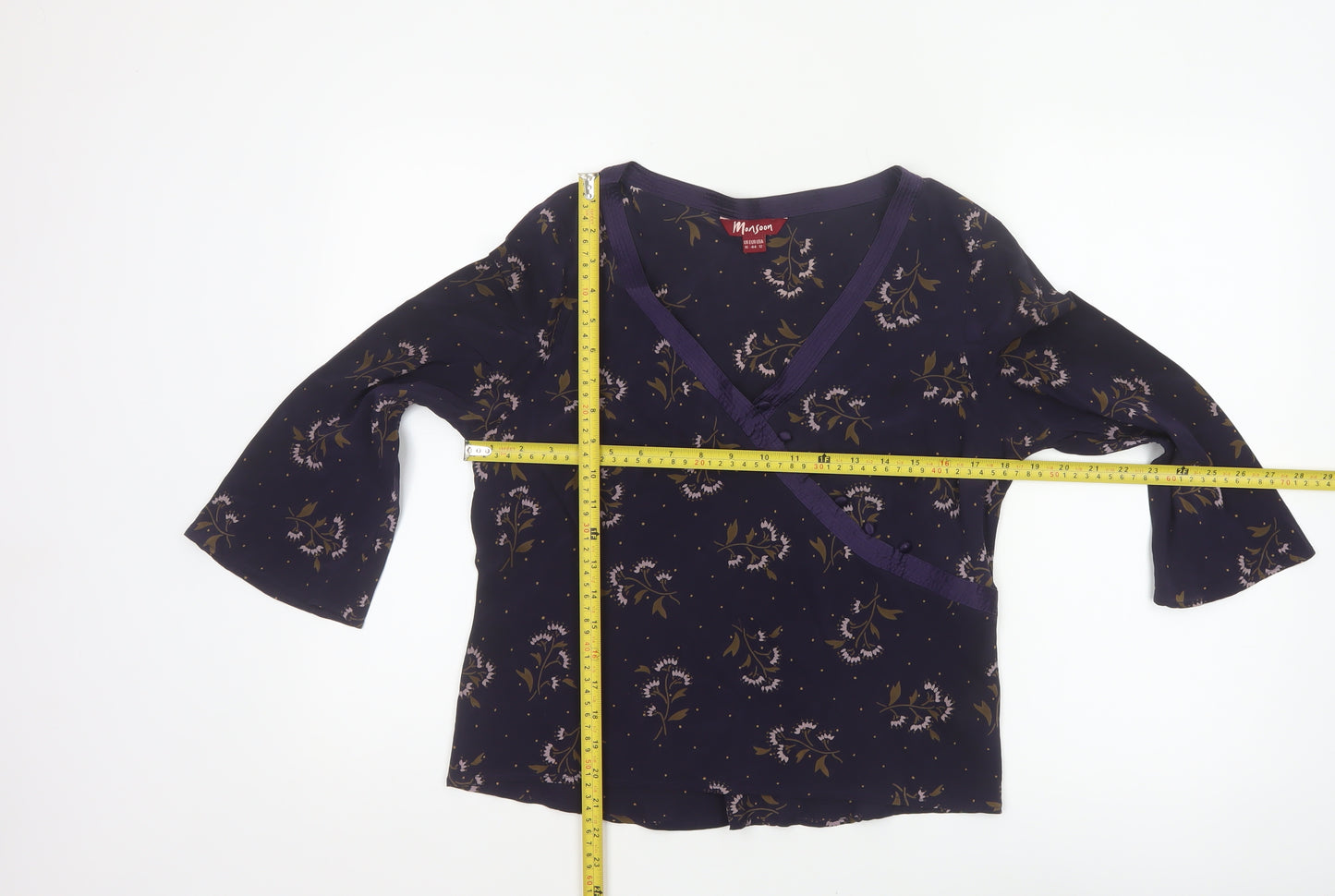 Monsoon Women Blue Floral Silk Wrap Blouse Size 16 Long Sleeve