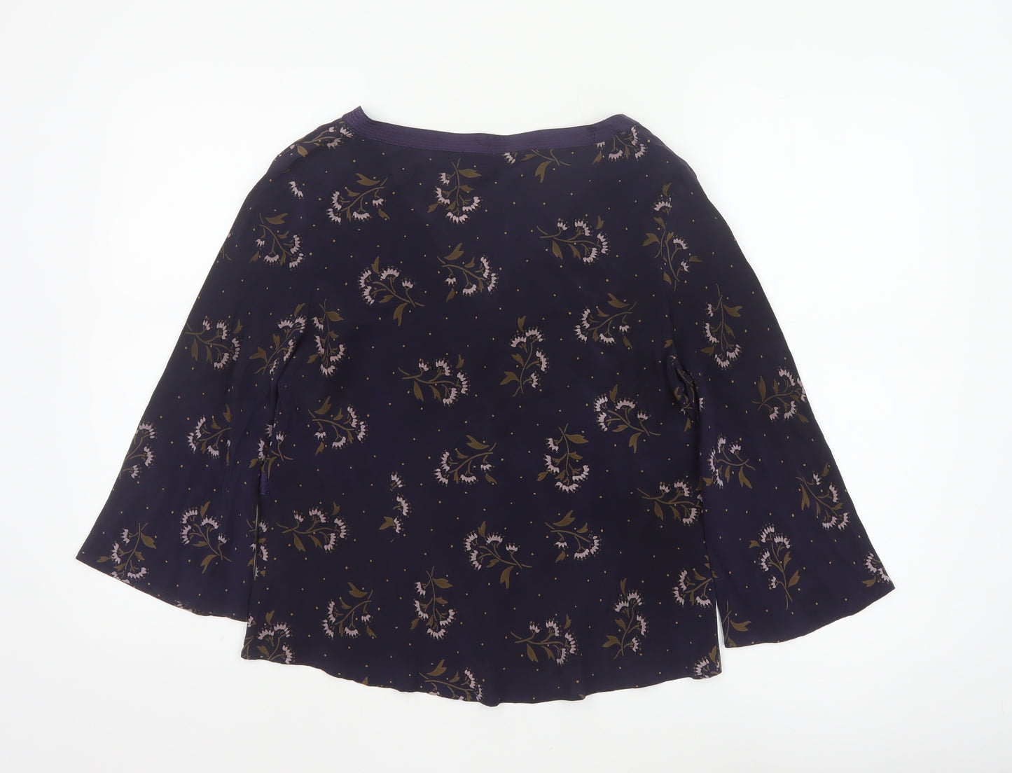Monsoon Women Blue Floral Silk Wrap Blouse Size 16 Long Sleeve