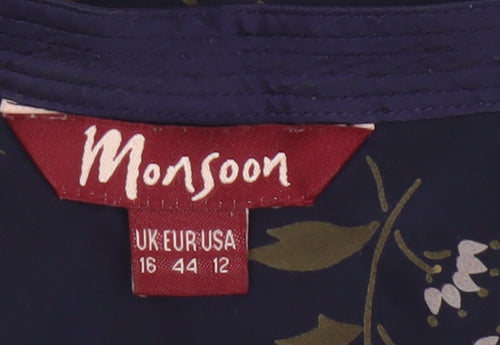 Monsoon Women Blue Floral Silk Wrap Blouse Size 16 Long Sleeve
