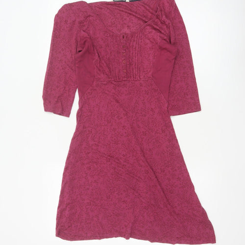 Fat Face Women Pink Floral A-Line Knee Dress UK 10 3/4 Sleeve
