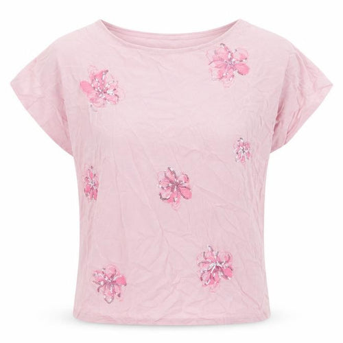 Thomas Rabe Women Pink UK 16 Jersey Floral Sequin Short Sleeve T-Shirt