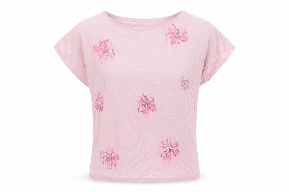 Thomas Rabe Women Pink UK 16 Jersey Floral Sequin Short Sleeve T-Shirt