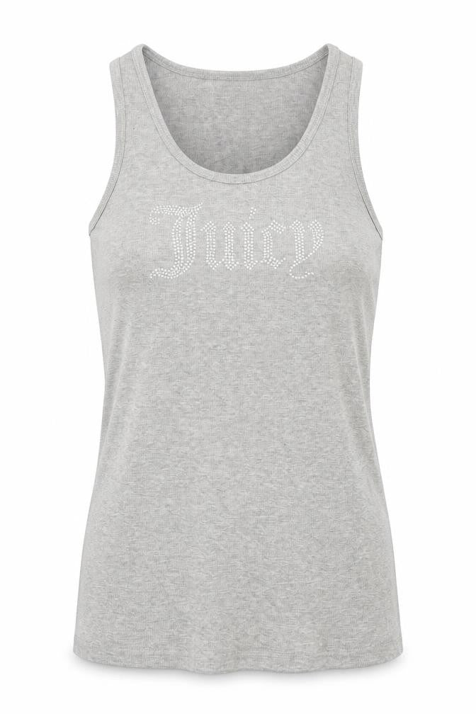 Juicy Couture Women Grey XL Rhinestone Logo Ribbed Tank Top