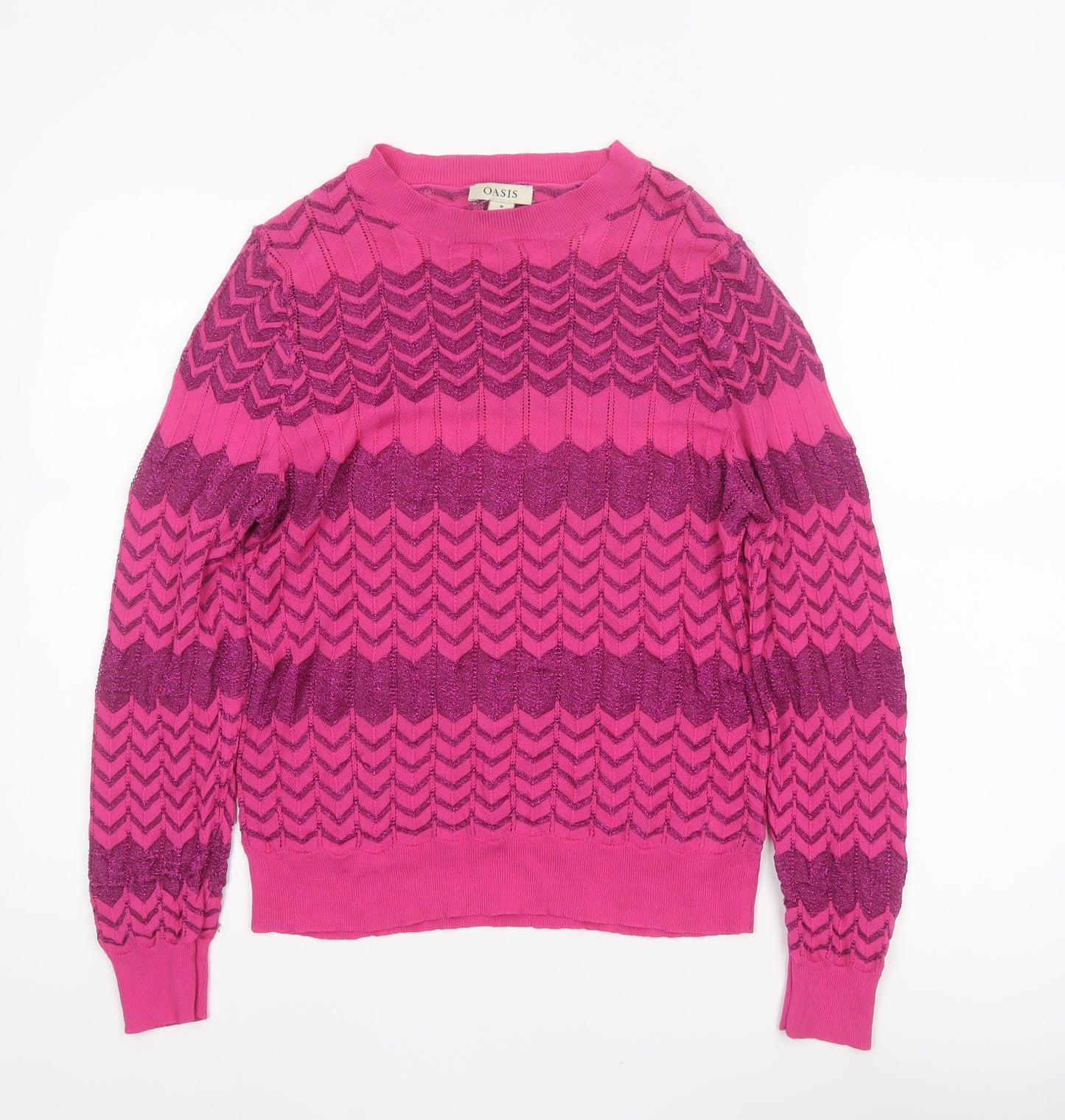 Oasis Women Pink M Geometric Glitter Knit Crew Neck Pullover Jumper