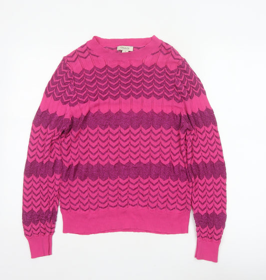 Oasis Women Pink M Geometric Glitter Knit Crew Neck Pullover Jumper
