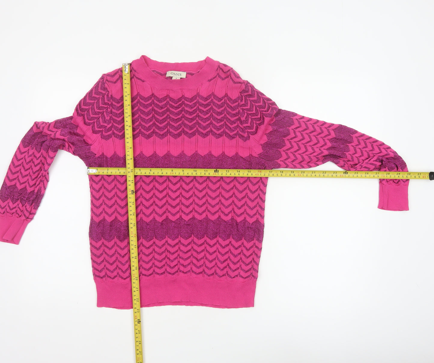 Oasis Women Pink M Geometric Glitter Knit Crew Neck Pullover Jumper