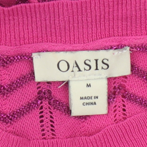Oasis Women Pink M Geometric Glitter Knit Crew Neck Pullover Jumper