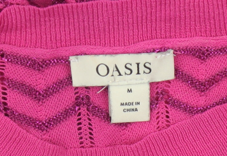 Oasis Women Pink M Geometric Glitter Knit Crew Neck Pullover Jumper
