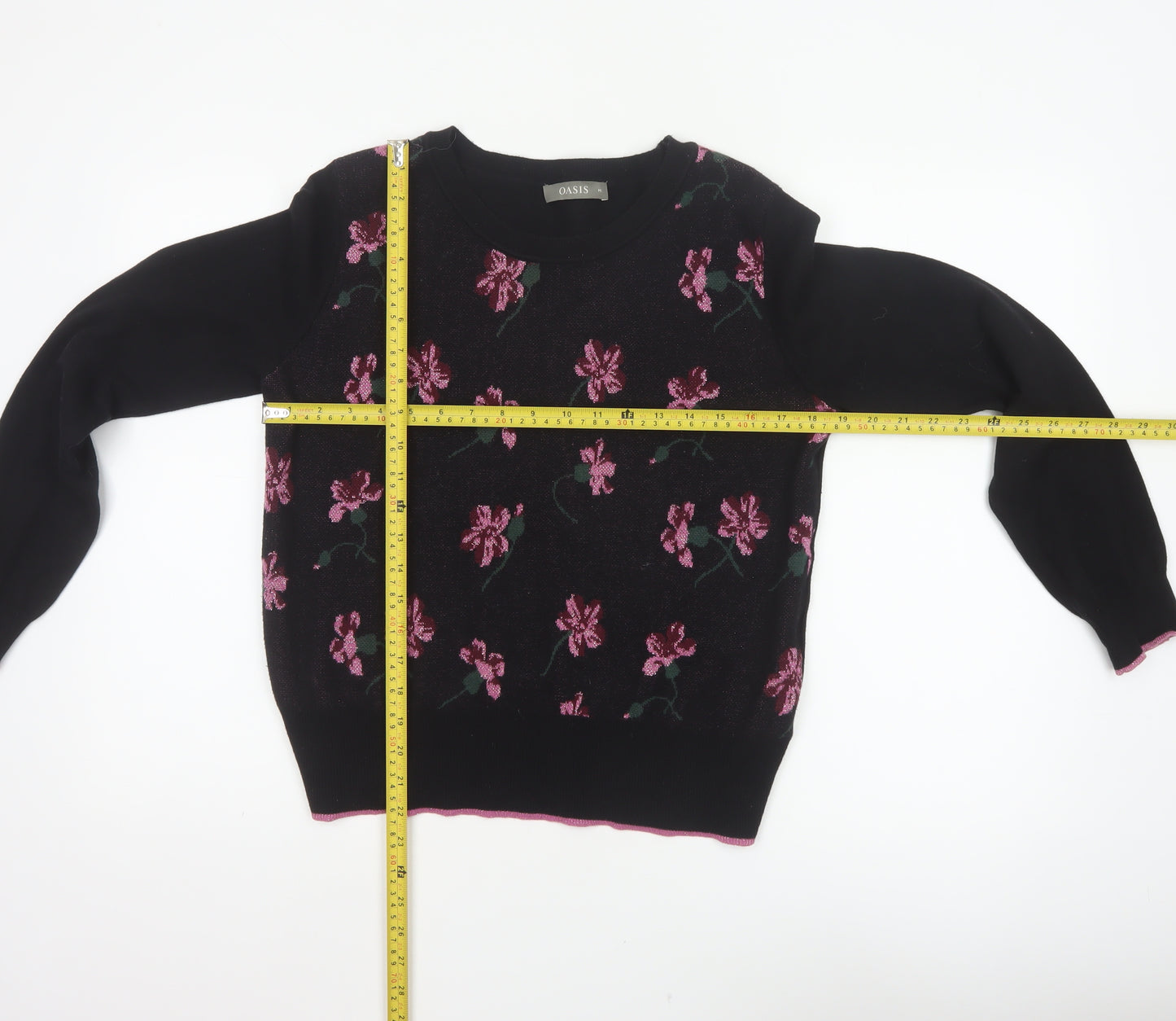Oasis Women Black M Floral Metallic Knit Crew Neck Pullover Jumper