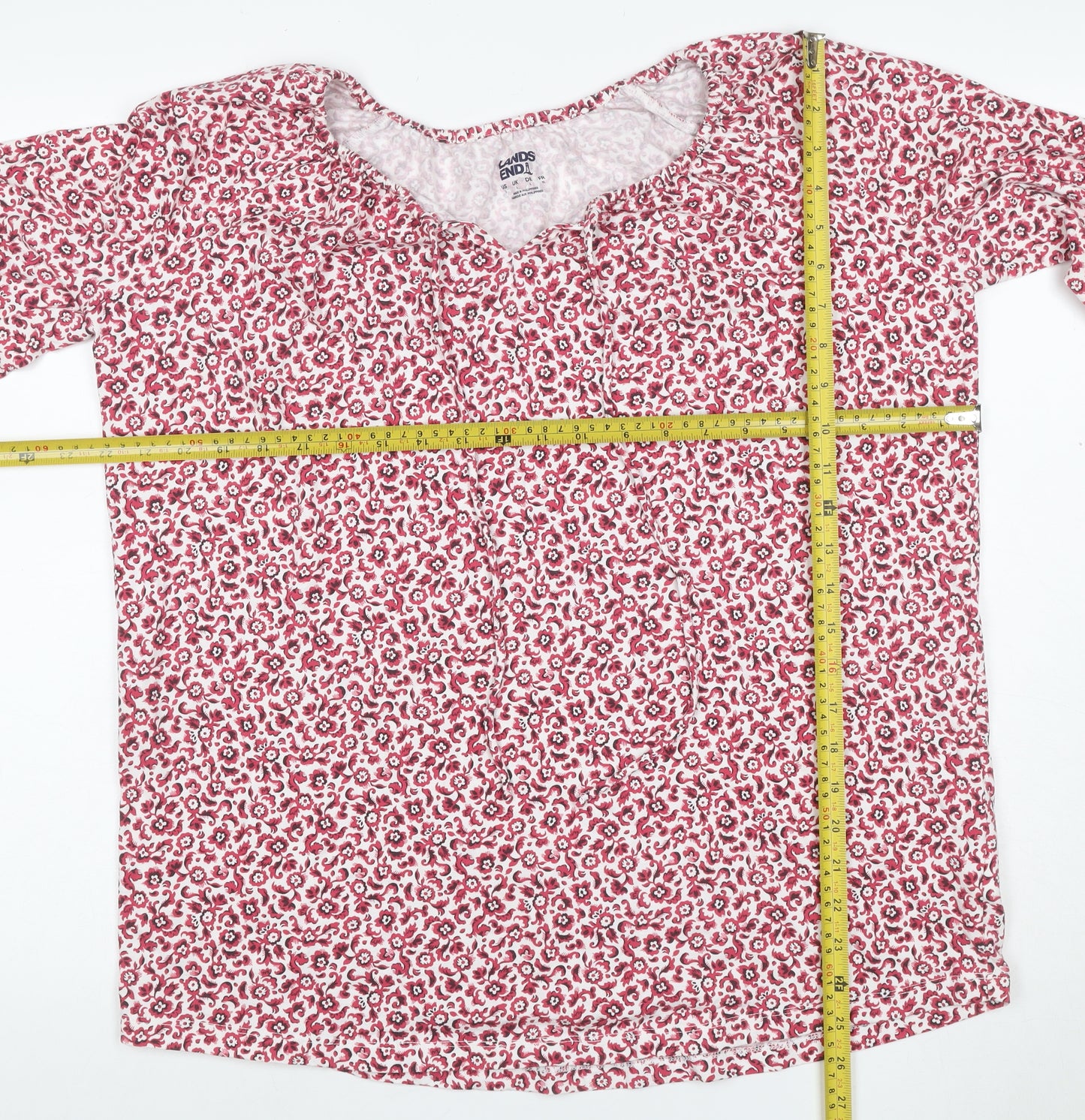 Lands' End Women Pink Floral V-Neck 3/4 Sleeve Blouse UK 14