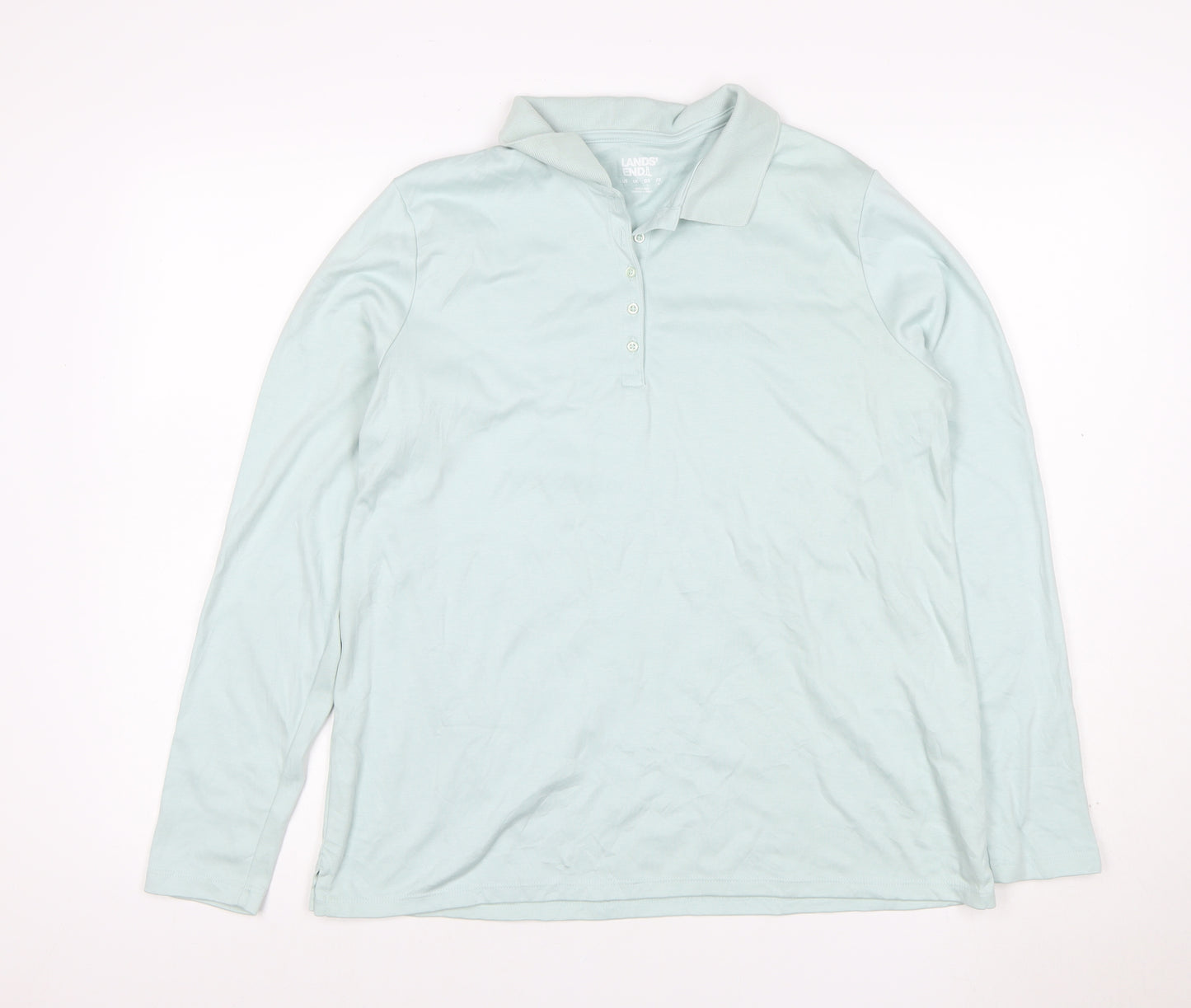 Lands' End Men Blue L Long Sleeve Cotton Polo Shirt Regular