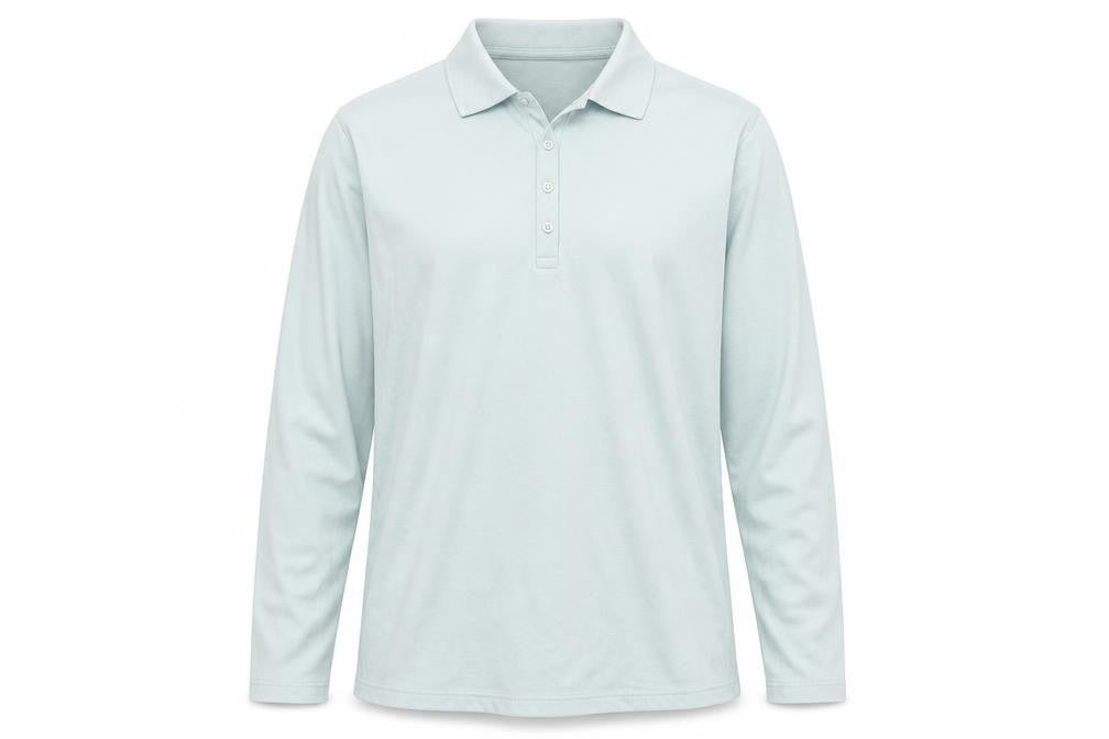 Front view of Lands' End Men Blue L Long Sleeve Cotton Polo Shirt Regular