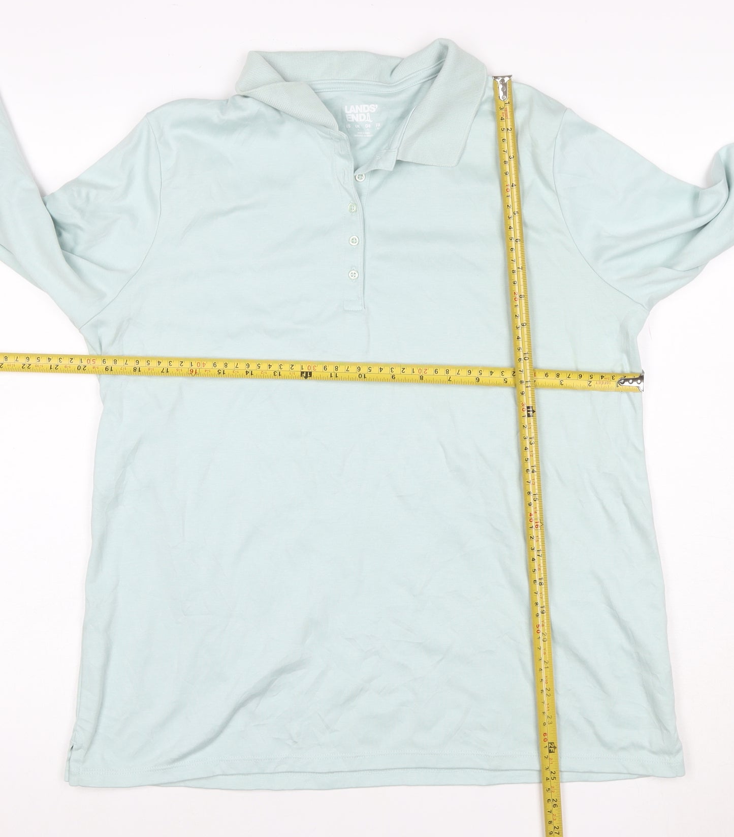 Lands' End Men Blue L Long Sleeve Cotton Polo Shirt Regular